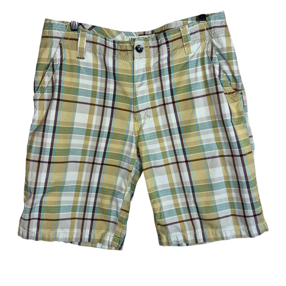 Y2K Aeropostale Mens Yellow and Brown Plaid Flat Front Bermuda Shorts Pockets 34
